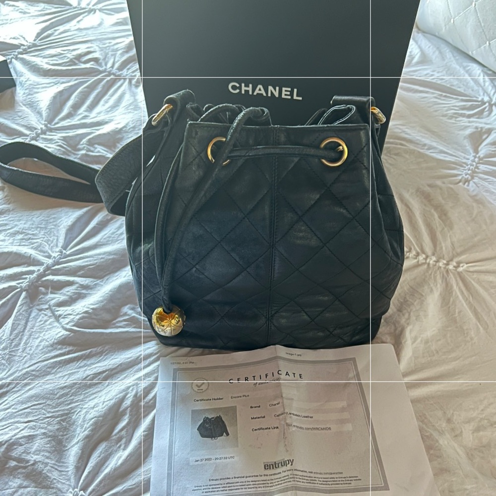 Authentic Chanel Bucket Drawstring Vintage Black Quilted Lambskin Cross Body Bag